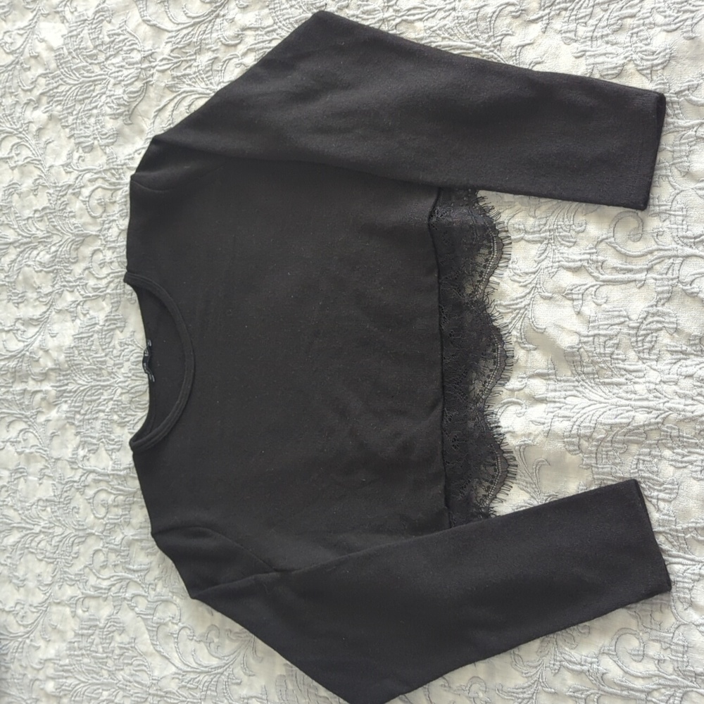 Zara Black Sweater Crop Top with Lace Trim Size Large